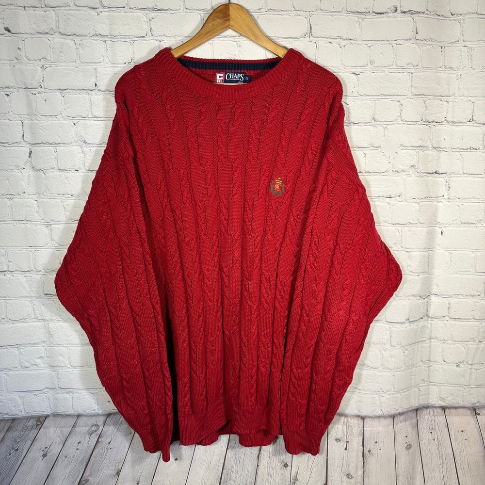 Chaps Ralph Lauren Mens XL Red Cable Knit Cotton‎ Crewneck Sweater Crest Logo